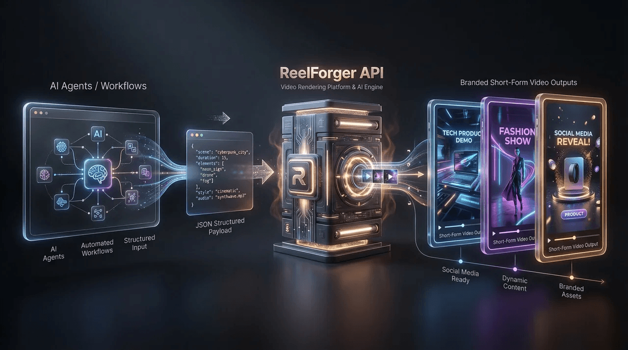 ReelForger API workflow transforming JSON payloads into generated short-form videos automatically